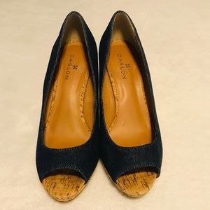 Caslon Blue Denim Cork Heel Peep Toe Wedge 7.5